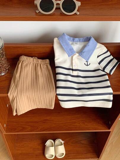 SHEIN 2pcs Baby Boy Cute Summer Collegiate Striped Short Sleeve Polo Shirt And Elastic Waist Shorts Set, Suitable For Birthday Party, Rave, Evening Party, Performance, Wedding, Baby Shower, Christening, 1st Birthday Celebration, Wedding Guest, Baby Shower Christening Outfit