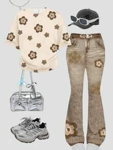 Vintage Floral Pattern Casual Loose Fit Short Sleeve Round Neck T-Shirt And Wide Leg Pants 2-Piece Set, Suitable For Spring & Summer - Multicolor - View 3