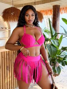 Slaydiva 2026 Nouveau ensemble de bikini 3 pièces grande taille pour femmes, magenta. Maillot de bain avec buste rembourré séparé, jupe à franges affinant les jambes. Tenue de vacances à la plage pour femmes. Ensembles de maillots de bain pour femmes, ensembles deux pièces pour femmes, ensembles deux pièces d'été pour femmes, ensembles deux pièces pour femmes, tenues deux pièces roses vives pour femmes, ensembles deux pièces à franges pour femmes, tenues d'été deux pièces pour femmes, tenues deux pièces pour femmes, tenues Cana pour femmes - Rose vif - Voir 3