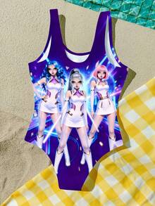 少女休闲简约卡通女孩肖像，亮紫色，K-Pop 超级明星连体泳衣，适合夏季穿着 - 彩色 - 查看 2