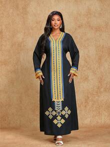 Brilight Women's Elegant Loose-Fitting Dress, Middle Eastern Robe, Arab Robe, Traditional Pattern Print Dress, Perfect For Parties, Daily Gatherings, And Other Festive Dresses, Autumn Dresses - Black - View 6