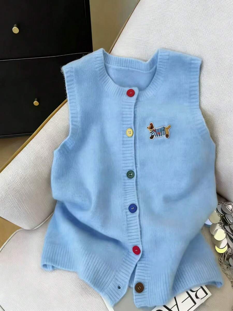 Resyla Women's Dachshund Dog Embroidery Loose Fit Sleeveless Cardigan - Blue - View 1