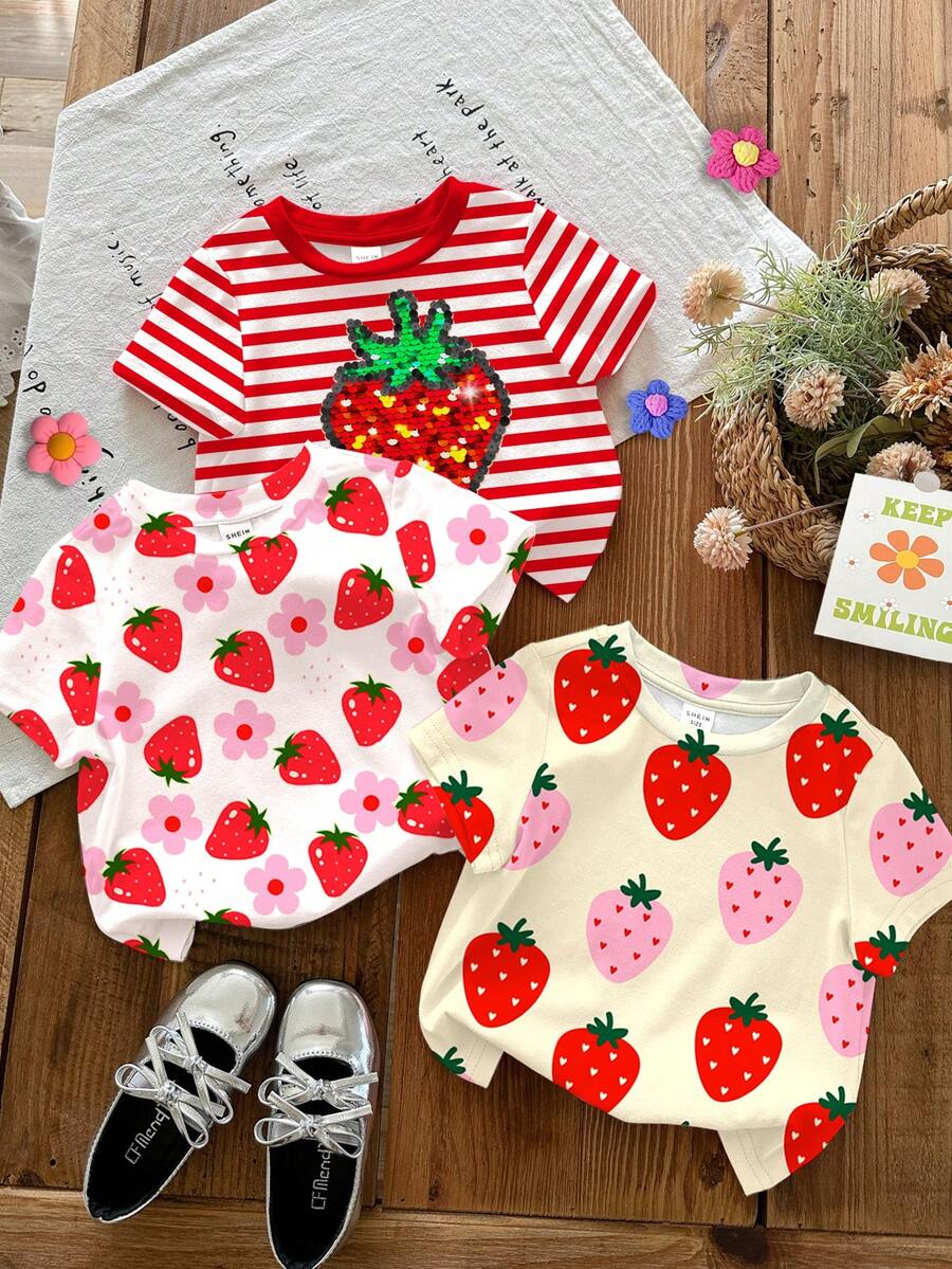 SHEIN 3pcs/Set Baby Girl Cute White And Red Strawberry Print Short Sleeve T-Shirt Set,Summer Casual Round Neck Graphic Tee Tops - Multicolor - View 1