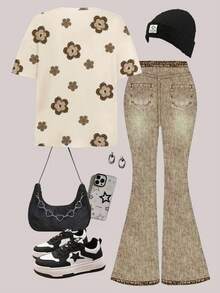 Vintage Floral Pattern Casual Loose Fit Short Sleeve Round Neck T-Shirt And Wide Leg Pants 2-Piece Set, Suitable For Spring & Summer - Multicolor - View 2