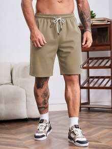 Genlund Pantaloncini casual da uomo con coulisse in vita, tasche inclinate e texture a nido d'ape di colore unito - Cammello - Visualizzare 3