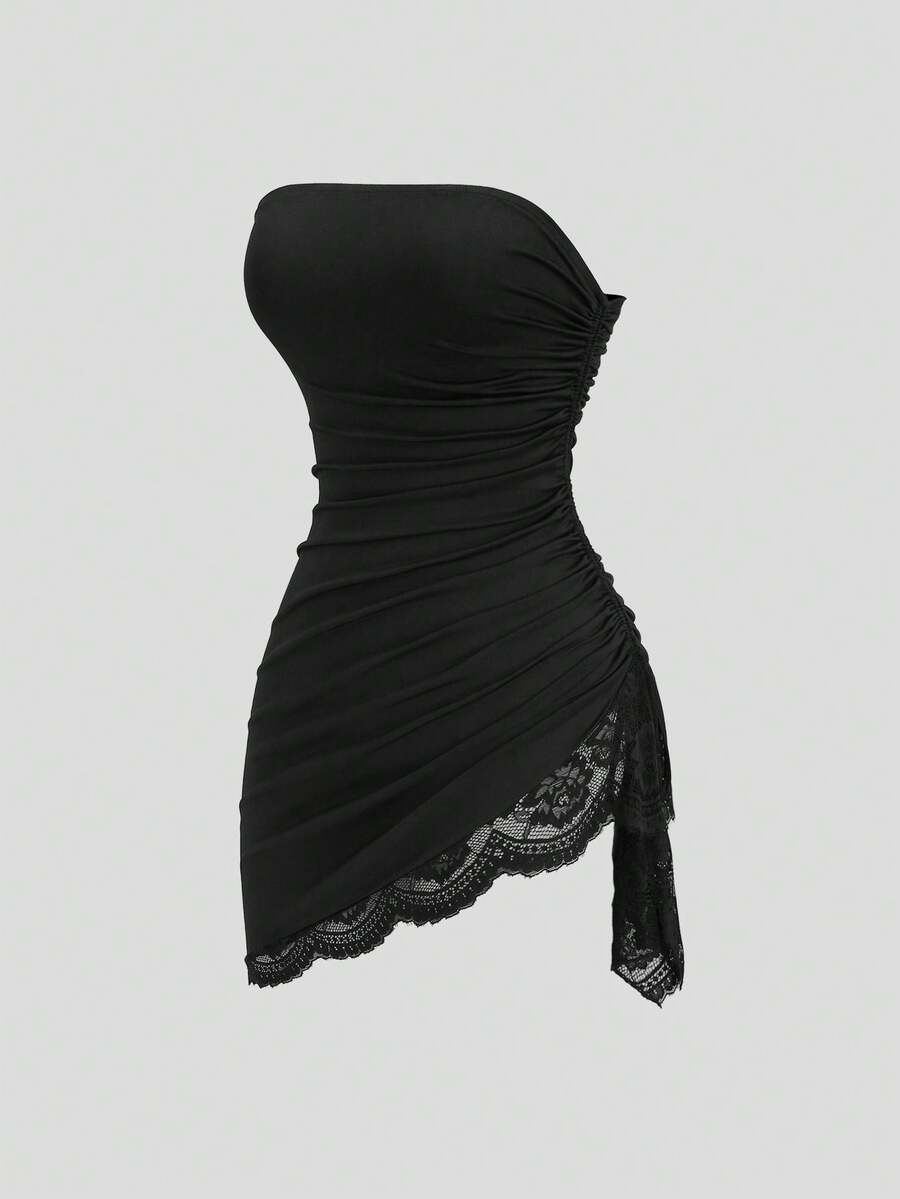 Sweetra Women's Sexy Lace Patchwork Ruched Fitted Mini Dress, Spring/Summer - Black - View 1