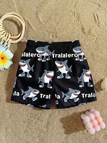 1件装幼儿男童鲨鱼字母印花抽绳腰泳裤，休闲沙滩短裤 - 彩色 - 查看 2