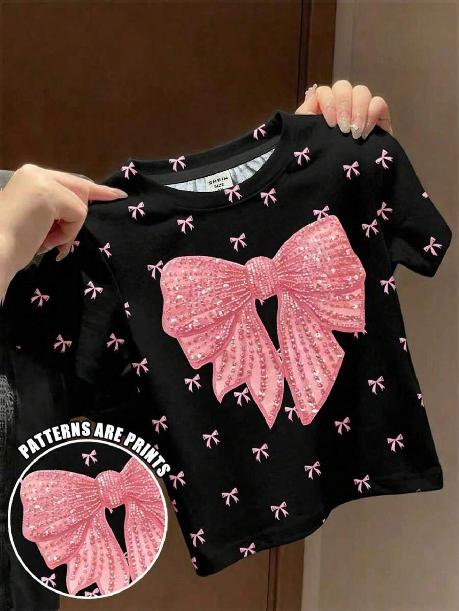 Maglietta a maniche corte con stampa a fiocco elegante e chic, adatta per ragazze, stile coreano, per uscite, comoda e di stile, per primavera ed estate, casual, con grafica, nuovo stile estivo, moda primavera/estate - Multicolore - Visualizzare 1