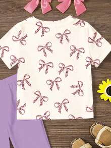 紫色豹纹蝴蝶结装饰，少女休闲简约圆领短袖上衣和喇叭裤两件套，适合夏季穿着 - 彩色 - 查看 4