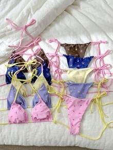 Swim Mod 甜美碎花系带女士比基尼泳装 - 粉色 - 查看 5
