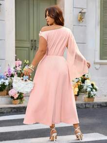 Vestido de mujer talla grande de verano de unicolor con hombro asimétrico y cinta en la cintura, adecuado para mercado de arte, concierto al aire libre, vestido de noche formal - Rosa - Ver 2