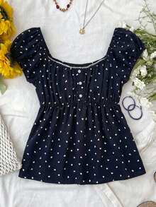 SHEIN Kids Summer Tops Teen Girls Navy Blue Heart Polka Dot Woven Lace Trim Truly Open Front Button Blouse, Cute Sweet Shirt For Casual, Daily, School, Streetwear - Blue - View 3