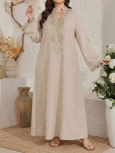 Al Najma Stand Collar Solid Color Loose Straight Long Sleeve Casual Dress, Decorated With Embroidery Applique