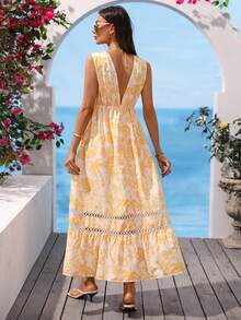 Vivid Eden Đầm không tay in hoa, thắt nơ phía trước, có tua rua dành cho nữ, thích hợp cho kỳ nghỉ thường ngày. - trái cam - Xem 2