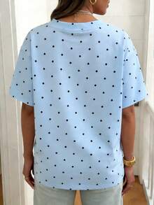 EMERY ROSE Kaos Lengan Pendek Kasual Kerah Bulat Motif Polkadot, Kaos Wanita Ukuran Besar, Gaya Musim Panas - MultiWarna - View 2