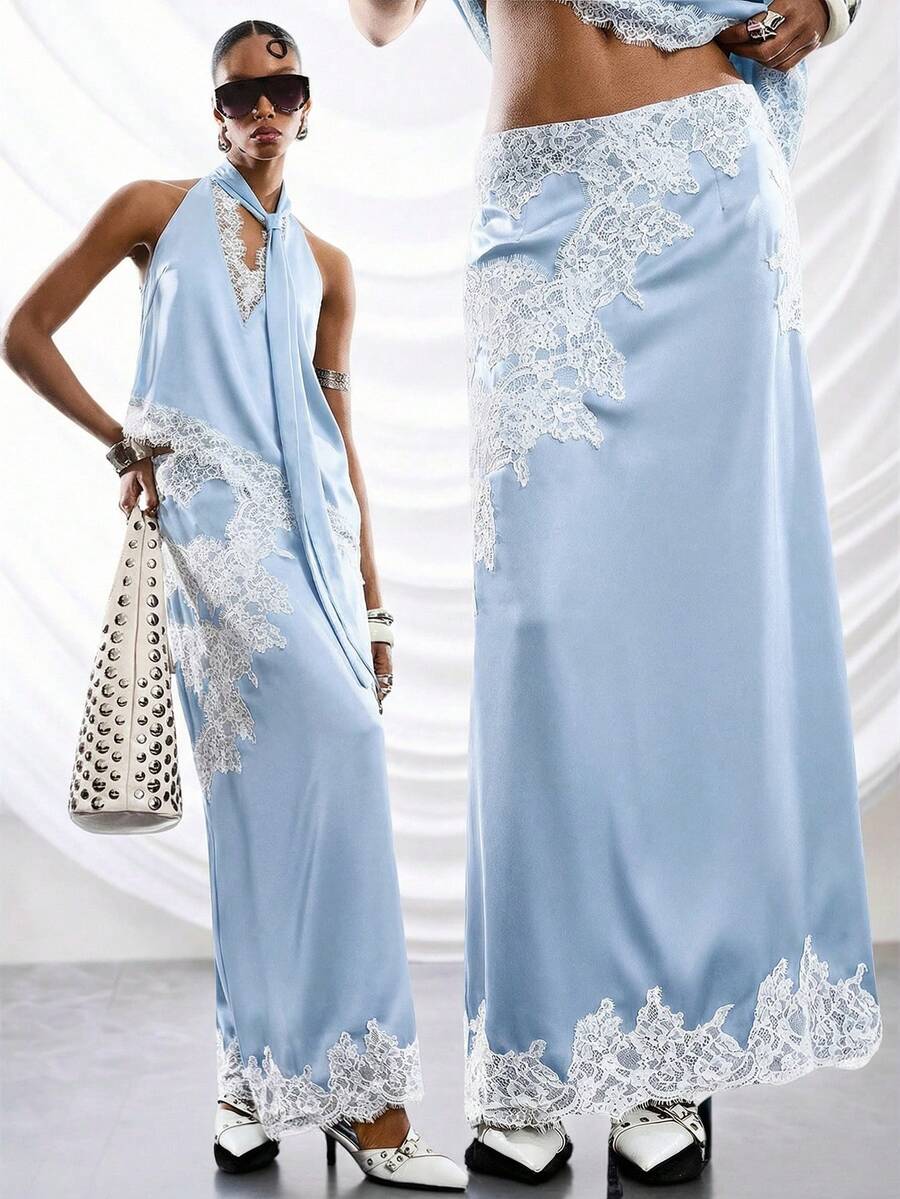 LYSMO Mẫu váy nữ dáng suông cạp thấp phối màu ren, phong cách vintage, tối giản, thích hợp mặc hàng ngày vào mùa xuân/hè 2026, kiểu dáng nghỉ dưỡng. - Màu xanh lam - Xem 1