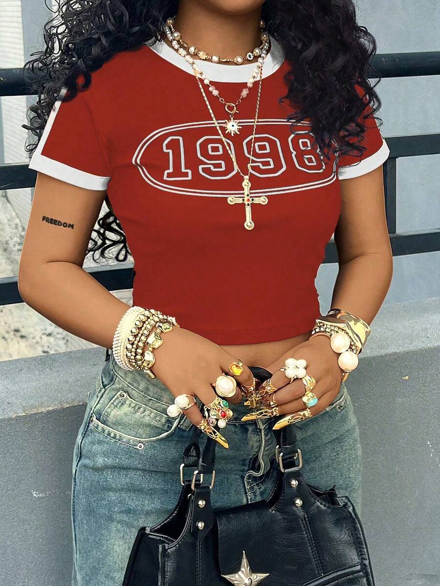 Rovax Áo thun crop top ôm sát thời trang nữ, họa tiết chữ in nổi bật, viền tương phản, thích hợp cho mùa hè. - Đỏ - Xem 1