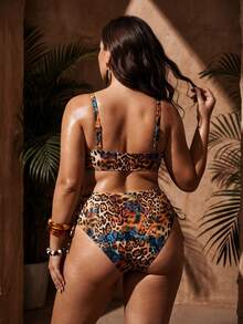 Swim Vcay Conjunto de bikini de talla grande con estampado de leopardo, primavera 2026. Diseño de cuello de halter, tirantes ajustables, Bottom de triángulo con cordón de cintura alta, dos piezas - Multicolor - Ver 2