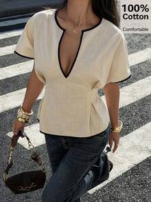 Siren Gaze 100% Cotton Contrast Trim Ruffle Waist Short Sleeve Shirt, Women's Elegant V Neck Blouse, Casual Shirt, Fashionable Pleated Elegant Slim Fit Women's Blouse, Summer Casual, Beach Outfits, Vacation - Apricot - View 1