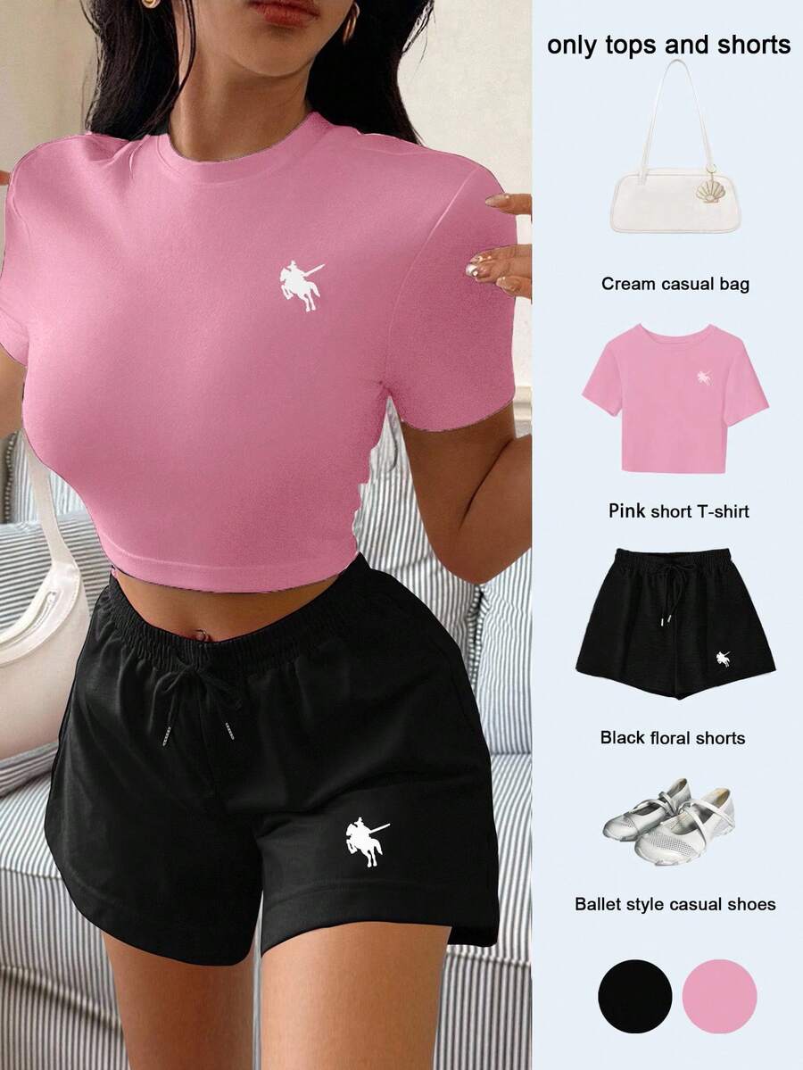 INAWLY Conjunto de camiseta y pantalones cortos casuales con estampado de jinete para mujer, perfecto para el verano - Multicolor - Ver 1