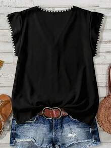 EMERY ROSE 大码女式休闲度假贝壳花朵V领短袖宽松飘逸优雅上衣，夏季 - 黑與白 - 查看 2