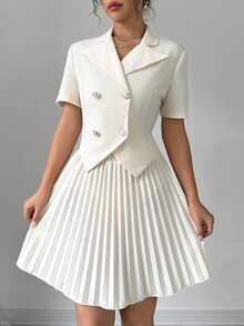 Selianne Bộ 2 áo ngắn tay và váy xếp ly đôi ngực thanh lịch dành cho nữ - Màu be - Xem 6