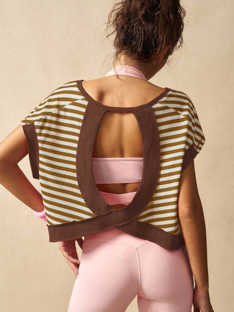 VARSIVA Áo tập thể dục nữ, áo thun và áo tank top thể thao kẻ sọc thời trang, thích hợp cho mùa hè. - Cà phê nâu - Xem 1