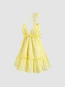 Sweetra 女士刺绣褶皱露背系带时尚约会派对迷你连衣裙 - 黃色 - 查看 7