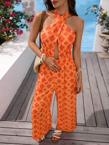 Vivid Eden Bộ jumpsuit nữ in họa tiết toàn thân, buộc dây cổ, hở lưng, kiểu dáng thường ngày. - trái cam - Xem 3
