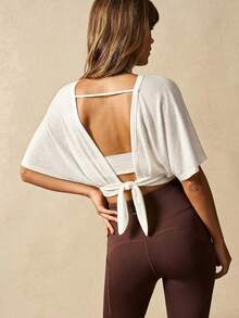 VARSIVA Solid Color Batwing Sleeve Cropped Sports T-Shirt - White - View 2