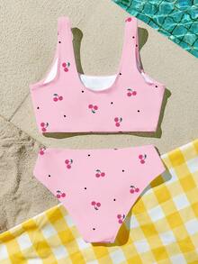 SHEIN 少女休闲简约吊带背心和三角比基尼泳衣套装，适合夏季穿着 - 彩色 - 查看 2