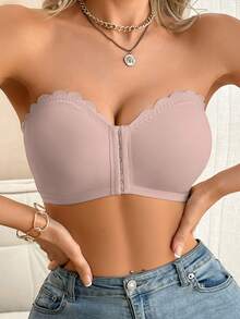 SHEIN Women's Front Closure Bra With Ruffled Edge, Lift & Separate, Removable Padding - Dusty Pink - View 5