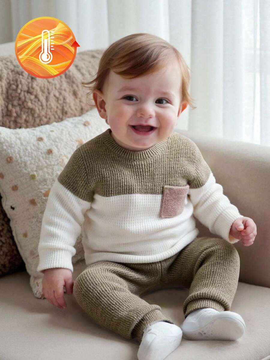 SHEIN Playful Pals 2件套男婴休闲撞色拼接柔软抓绒圆领卫衣裤套装，秋冬季 - 軍綠色 - 查看 1