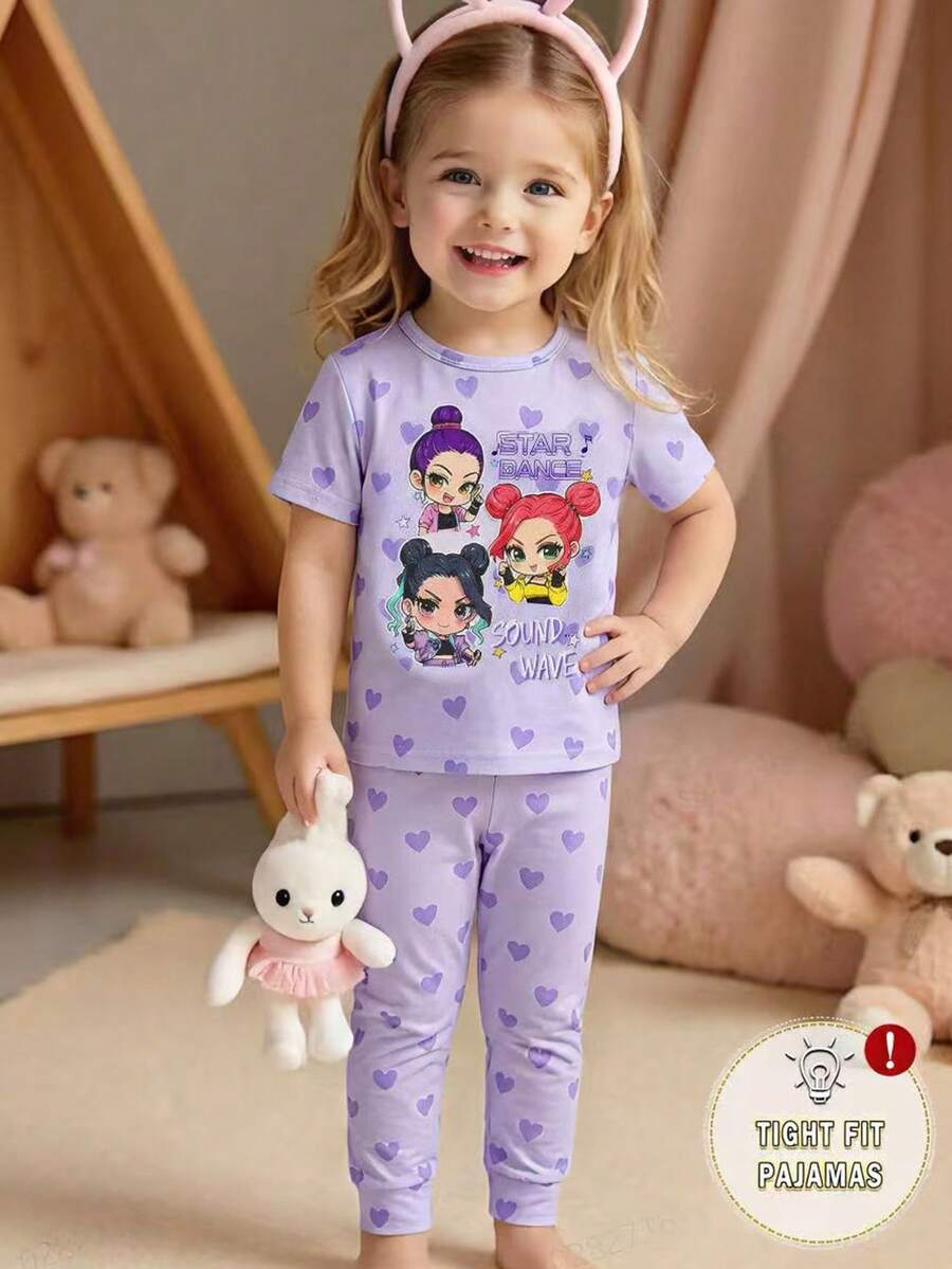 2pcs/Set Baby Girls' Purple Cartoon Girl & Heart Print Crew Neck Top And Leggings Set, Comfortable Knit Fabric Casual Homewear - Mauve Purple - View 1