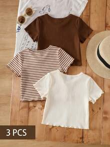 SHEIN 男女宝宝复古可爱三件套，适合0-3岁婴幼儿，柔软弹力休闲套装，适合日常穿着、居家、度假等场合。 - 咖啡棕 - 查看 2