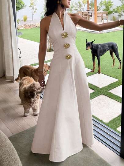 Siren Gaze Vestido largo de verano de mezcla de lino de unicolor con cuello halter