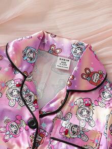 Conjunto de pijama con cuello de niña bebé con estampado de conejo lindo - Multicolor - Ver 6