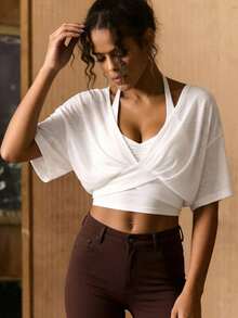 VARSIVA Solid Color Batwing Sleeve Cropped Sports T-Shirt - White - View 3