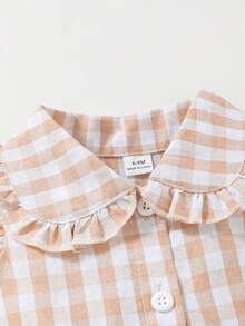 SHEIN Vintaside Kids 女婴休闲日常黄色格子短袖连衣裙，适合外出或日常舒适穿着 - 卡其色 - 查看 6