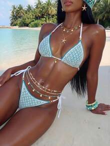 Swim Vcay Bộ đồ bơi mùa hè gợi cảm cho nữ, Bikini tam giác trang trí bằng vải rỗng màu xanh vỏ sò và ngọc trai - Màu xanh nhạt - Xem 2