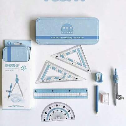 8 piezas, Juego de herramientas de dibujo matemático geométrico, incluye 4 piezas de regla, calibrador de círculo, lápiz, borrador, sacapuntas, juego de papelería perfecto para escuelas, estudiantes, regalos para niños