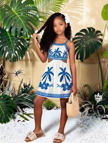 1件女孩白色熱帶花卉印花復古飾邊細肩帶洋裝套裝，夏季度假輕便款，適合8-12歲兒童 - 彩色 - 查看 5