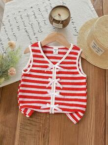 SHEIN Young Girl Striped V-Neck Bow Decor Casual Camisole Girls Top Striped Top Young Girls Top Red Striped Top - Multicolor - View 11