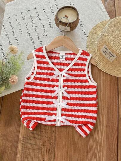 SHEIN Young Girl Striped V-Neck Bow Decor Casual Camisole