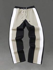 Manfinity Roughcore Pantalones de chándal casuales de hombre con cintura con cordón y bloques de color - Caqui - Ver 4