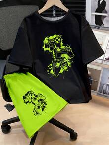 2pcs/Set Kaos Lengan Pendek Kerah Bulat untuk Remaja Laki-laki + Celana Pendek dengan Saku - MultiWarna - View 6
