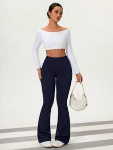 Flexra Women's Casual Straight Stretch Denim Flare Pants - Navy Blue - View 6