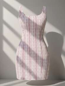 Selianne 女士夏季格子圆领无袖优雅连衣裙新年衣服 - 紅色 - 查看 3