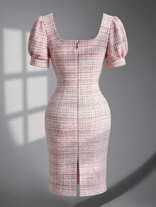 Elenzga 女士优雅浪漫泡泡袖船领收腰修身迷你连衣裙 - 粉色 - 查看 4