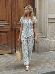 Hansera 女士印花扭结短袖上衣和裤子休闲日常套装 - 白色 - 查看 1